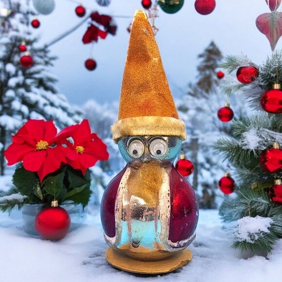 Santa Mercury Glass Ornament Googly Eyes Japan Flocked Hat Chenille v1 Antique - Picture 1 of 8